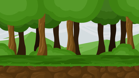 A high quality horizontal background of landscape with forest, mountains, grass. Simple cartoon 2d landscape with platform for game. Flat style vector illustration.のイラスト素材