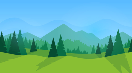 Forest panorama. Green silhouette. Forest with fir trees and pines. Blue sky with clouds. Simple modern design. Template for banner or poster. Place for text. Flat style vector illustration.のイラスト素材