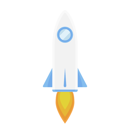 Rocket flying isolated on white background. Icon and logo. Cute simple realistic space ship launch design. Template or banner for start up and success. Flat style vector illustration.のイラスト素材