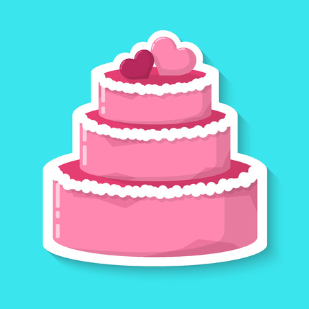 Wedding cake isolated on a blue background. Big pink cake. Realistic sticker. Simple cute design. Icon or logo. Flat style vector illustration.のイラスト素材