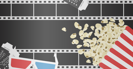 Movie poster template for the film industry. Popcorn, soda takeaway, drinks, 3d cinema glasses and film-strip, Film reel and tickets. Flat style realistic vector illustration.のイラスト素材