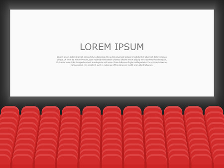Movie cinema premiere poster design with screen and auditorium. Rows of cinema or theater seats with people looking at the screen. Dark hall background. Flat design realistic vector illustration.のイラスト素材