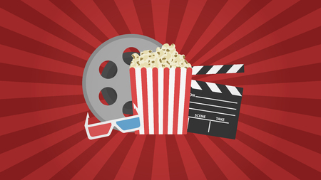 Movie poster template for the film industry. Popcorn, soda takeaway, drinks, 3d cinema glasses and film-strip, Film reel and tickets. Flat style realistic vector illustration.のイラスト素材