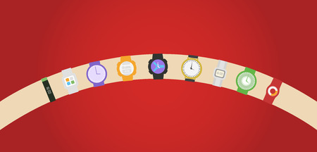 Wristwatch on the hand. Time on wrist watch. Man with clock checks the time. Hand with clock isolated on background. Flat design, vector illustration. Clock advertising horizontal banner poster.のイラスト素材