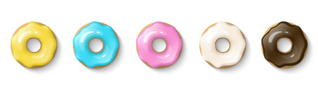 Donuts set isolated on a white background. Cute, colorful and glossy donuts with glaze and powder. Yellow, pink, vanilla, blue and chocolate glaze. Simple modern design. Realistic vector illustration.のイラスト素材