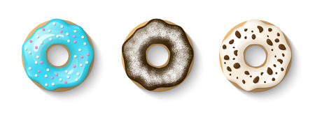 Donuts set isolated on a white background. Cute, colorful and glossy donuts with glaze and powder. Blue, Chocolate and vanilla glaze. Simple modern design. Realistic vector illustration.のイラスト素材