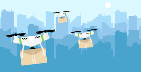 Delivery drone with the package against city background. Carrying a box. Realistic beautiful template. Simple modern icon. Flat style vector illustration.のイラスト素材