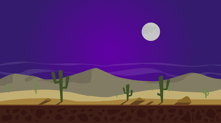 Vector modern cold night cartoon game background desert landscape with lonely cactus, rocks, mountains, moon and long shadow. Vector Illustration with sunset view in purple, violet and pink colors.のイラスト素材