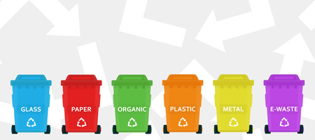 Recycling garbage elements isolated on white background. Trash bags. Utilize waste can. Color plastic containers. Ecology and recycle. Simple cartoon design. Flat style vector illustration.のイラスト素材