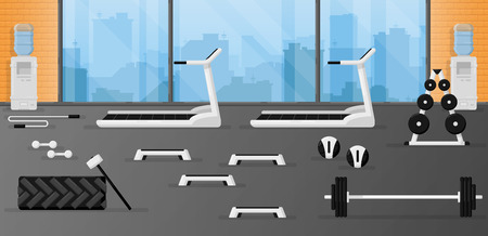 Gym fitness equipment set in the room with beautiful interior design. Black and white color. Collection of modern training apparatus. Cute cartoon design. Simple flat style vector illustration.のイラスト素材