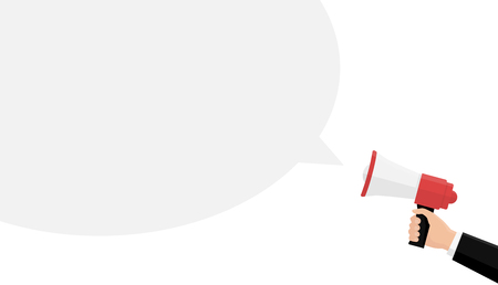 Hand with megaphone isolated on white background. Template background concept. Cartoon simple design icon and logo. Social media marketing concept. Place for text. Flat style vector illustration.のイラスト素材