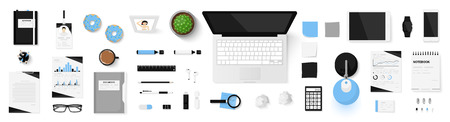 Office objects set isolated on white background. Working space. Top view of workplace desk....