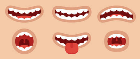 Cute funny human mouths set. Character face animation elements. Emotions: smiling, showing tongue, screaming, sad, surprised. Simple cartoon design. Flat style vector illustration.のイラスト素材