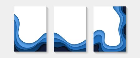 Abstract paper cut covers. Vertical banners, brochures, posters. Blue color. Simple realistic...