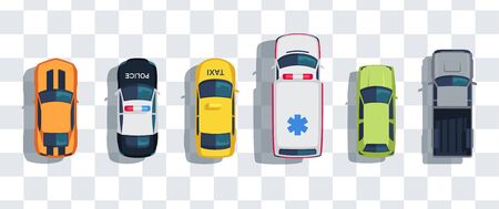 Cars set from above, top view isolated. Cute beautiful cartoon transport with shadows. Modern urban civilian vehicle. View from the bird's eye. Realistic car design. Flat style vector illustration.のイラスト素材