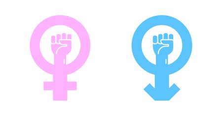 Gender icons isolated on a white backgrounds. Male and female, man and woman symbols. Blue and pink colors. Raise fists. Simple cute design. Flat style vector illustration.のイラスト素材