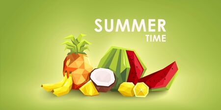 Low poly fruits isolated. Colorful summer background. Seasonal food. Watermelon, coconut, citrus,...
