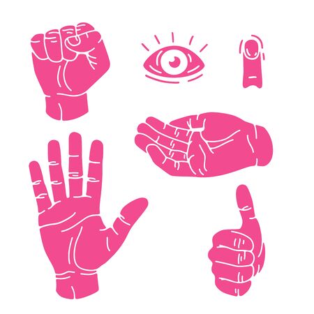 Hand gestures set isolated. Palm, fist, thumb up, cupped hand, finger. Modern beautiful style. Realistic. Flat style vector illustration. Line signs and icons. Different positions of human hands.のイラスト素材