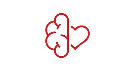 Brain and heart isolated on a whit background. Brain in love. Conflict between emotions and rationality. Icon or logo. Red color. Simple modern design. Valentine's day. Flat style vector illustration.のイラスト素材