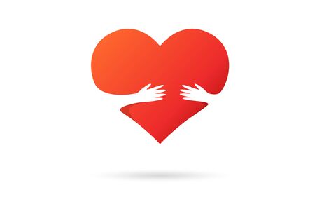 Heart isolated on a white background. Red color. Love symbol. Charity and donation. Hands reaching to each other. Hold love. Valentine's day. Icon or logo. Cute design. Flat style vector illustration.のイラスト素材