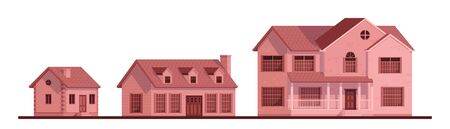 Country houses set. Cute simple cartoon design. Wooden huts. Sunset or sunrise lighting. Flat style vector illustration.のイラスト素材