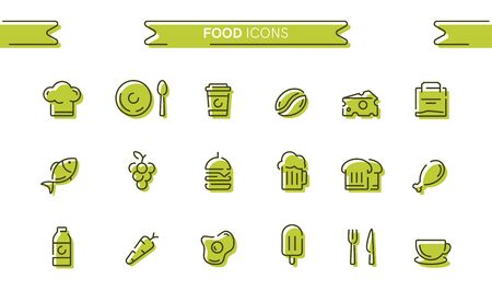 Food icons set isolated. Line art. Editable. Signs and symbols. Modern simple style. Fish, coffee, burger, beer, bread, chicken, meat, bottle, cup, ice cream, cutlery. Flat style vector illustration.のイラスト素材