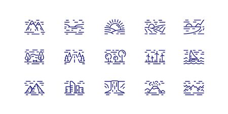 Nature landscape icons set. Thin line style. Fields, forests, mountains, seas and oceans. Flat style vector illustration.のイラスト素材