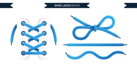 Shoe laces brush set isolated on a white background. Blue color. Realistic lace knots and bows. Modern simple design. Flat style vector illustration.のイラスト素材