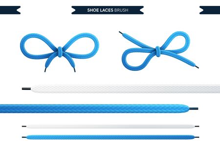 Shoe laces brush set isolated on a white background. Blue color. Realistic lace knots and bows. Modern simple design. Flat style vector illustration.のイラスト素材