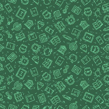 Back to school seamless pattern. Green blackboard background. School, office supplies. Doodle icons set. Simple modern design. Banner, poster template. Flat style vector illustration.のイラスト素材