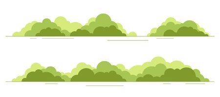 Bushes set isolated. Flat style. Leaves, flowers, plants. Modern trendy minimalistic and simple design. Bright green summer, spring colors. Cartoon style. Floral background. Vector illustration.のイラスト素材