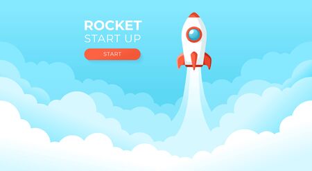 Rocket launch in the sky flying over clouds. Space ship in smoke clouds. Business concept. Start up template. Horizontal background. Simple modern cartoon design. Flat style vector illustration.のイラスト素材