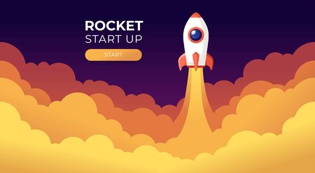 Rocket launch in the sky flying over clouds. Space ship in smoke clouds. Business concept. Start up template. Horizontal background. Simple modern cartoon design. Flat style vector illustration.のイラスト素材