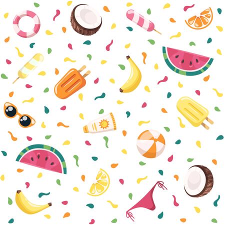 Seamless summer pattern. Bright colorful citrus fruits, ice-cream, coconut, watermelon, banana. Yellow, red, orange colors. Simple modern design. Tropical background. Flat style vector illustration.のイラスト素材