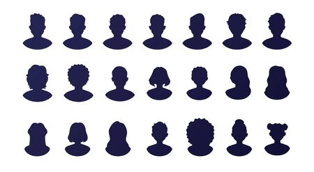 People silhouette avatars set isolated on a white background. Profile picture icons. Male and female faces. Cute cartoon modern simple design. Beautiful template. Flat style vector illustration.のイラスト素材