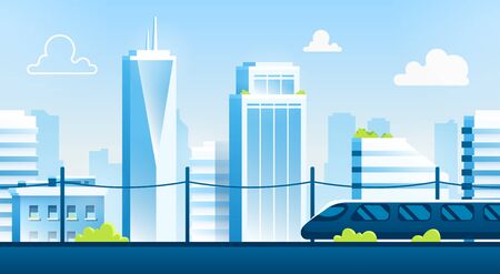 Seamless city landscape. Cityscape with buildings. Urban silhouette. Beautiful background template. Modern smart city with layers. Cartoon design. Flat style vector illustration.のイラスト素材