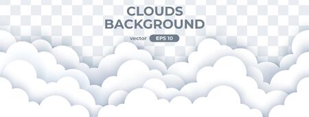 Sky with white clouds on transparent background. Seamless border of clouds. Paper cut. Simple cartoon design. Banner, poster, flyer template. Flat style vector eps10 illustration.のイラスト素材