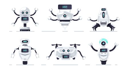 Robots set isolated. Cute cartoon chat bot design. Robot toys collection. Funny simple characters. Urban modern template. Retro vintage design. Realistic 3d objects. Flat style vector illustration.のイラスト素材