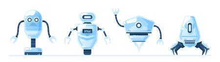 Robots set isolated. Cute cartoon design. Robot toys collection. Funny simple characters. Urban modern template. Retro vintage design. Realistic 3d objects. Flat style vector illustration.のイラスト素材