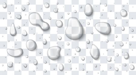 Vector water drops set isolated on a transparent background. Realistic illustration. Pure clear liquid. Different shapes.のイラスト素材