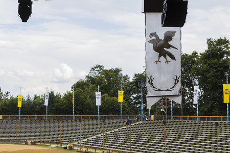 Medieval tournament with knights, performances, shows, food and drink typical of the area in Kaltenber, Germany.のeditorial素材
