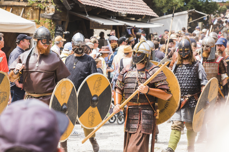 Medieval tournament with knights, performances, shows, food and drink typical of the area in Kaltenber, Germany.のeditorial素材