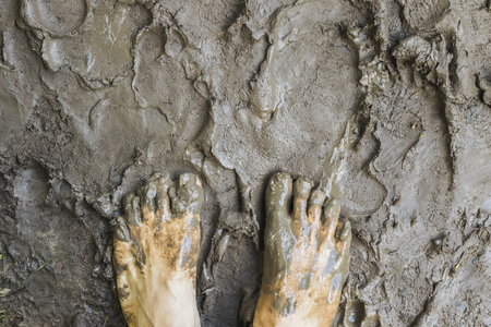 barefoot aerial view on mud surface in the forestの写真素材