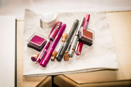 A makeup set on cloth napkinの写真素材