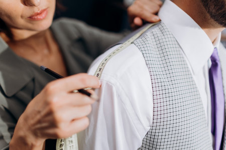 Tailor measuring client at workの写真素材