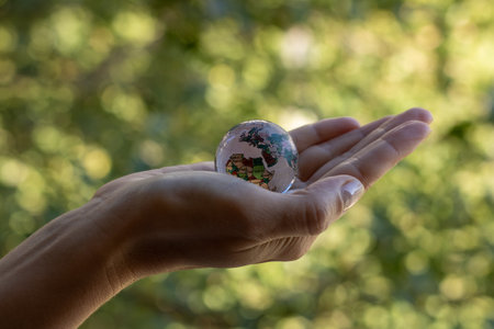 Glass globe in hand on natural background. World in the palm.の写真素材
