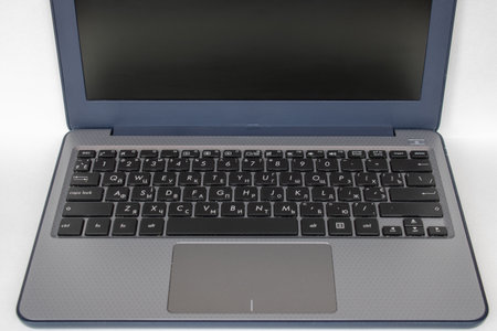 Laptop keyboard black on gray background. Close-up of laptop keyboard.の写真素材