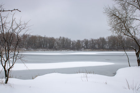 Winter landscape with fair trees. The river froze and covered with ice.の写真素材