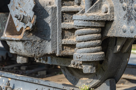 Close-up drive wheels and rods on steam engine locomotive. Vintage part of suspension of old train. Details rarity railway transport - lever and chassis, axle and connection.の写真素材