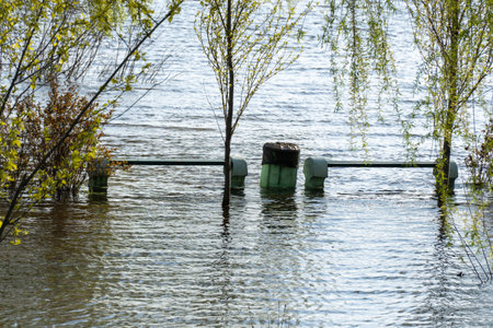 Flood river in spring time. Overflowed river bank in city. Water filled bank with sunken trees. Bottling shoreline flow and natural disaster. Climate change and ecological problem.の写真素材